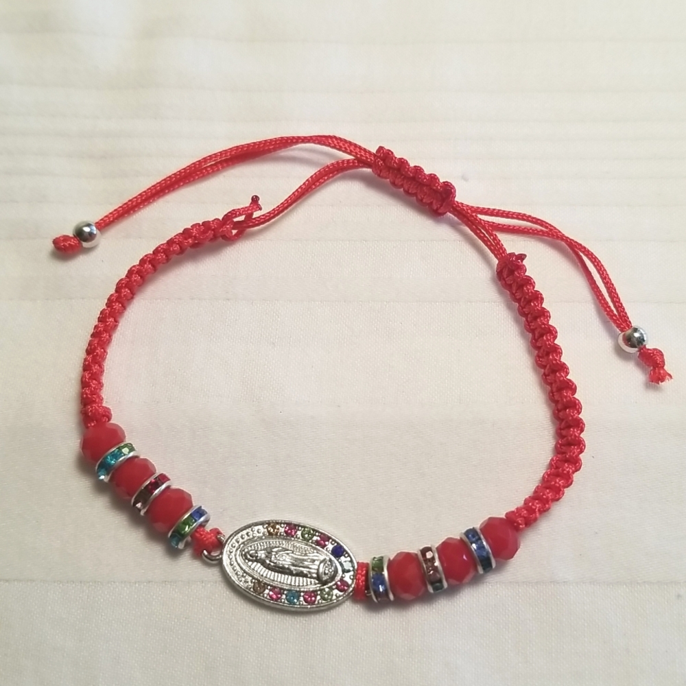 Silver Red Rhinestone Religious Bracelet